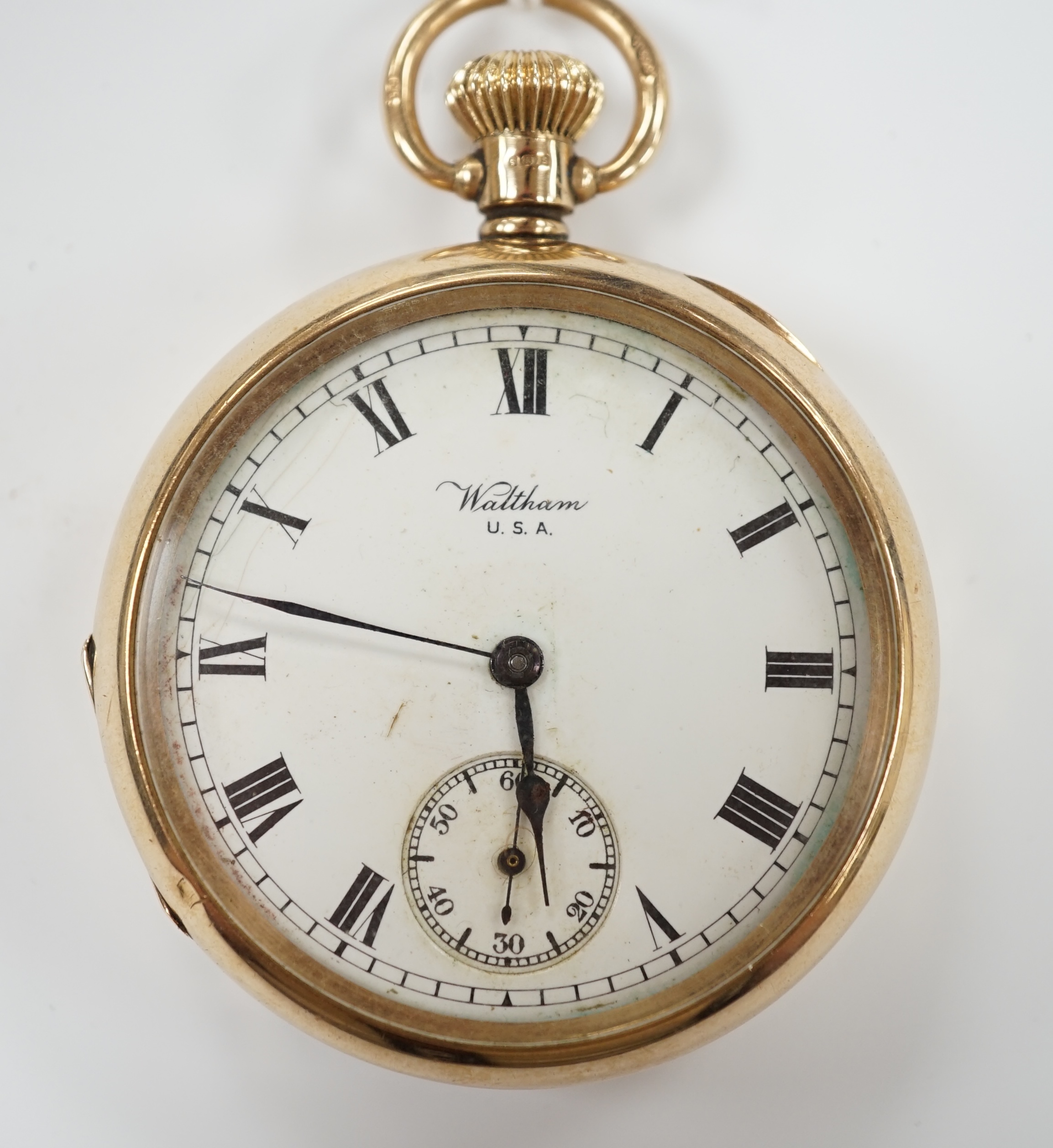 An early 20th century Waltham 9ct gold open face keyless pocket watch, with Roman dial and subsidiary seconds, case diameter 50mm, gross weight 97.6 grams.